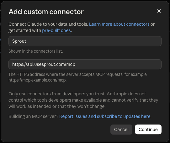 Claude Add custom connector dialog with the Sprout URL